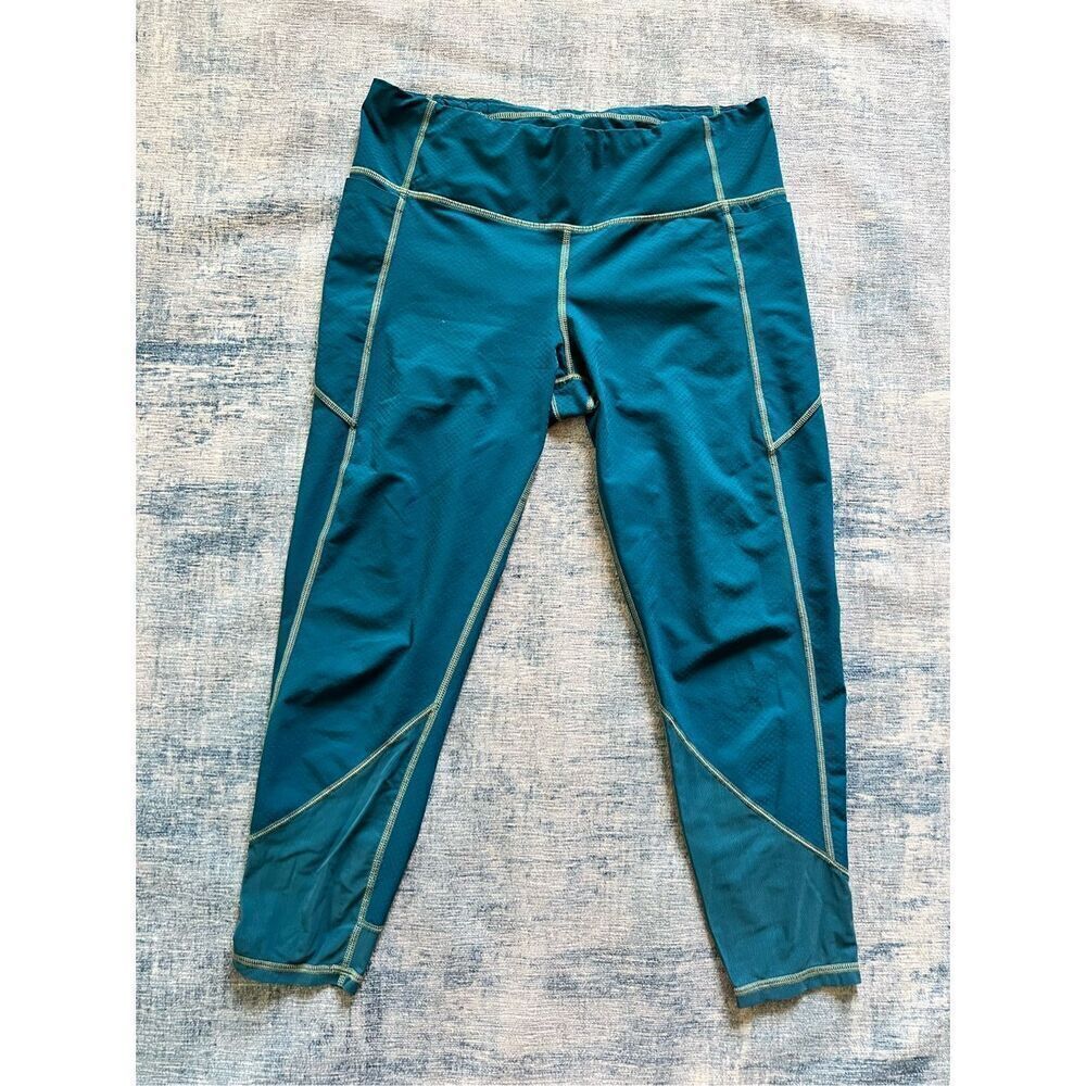 Athleta Dark Teal Mesh Panel Side Back Pocket Cropped Length Leggings Medium